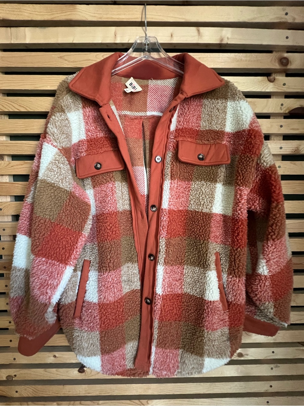 BiBi Oversized Red Orange Brown Plaid Sherpa Jacket